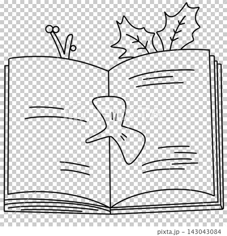 Open book displays whimsical butterfly resting inside Open book displays whimsical butterfly resting inside 143043084