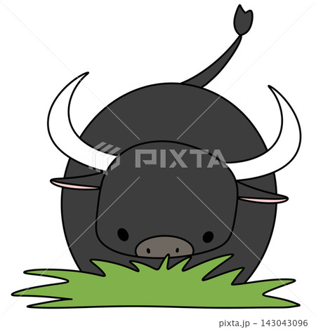 Cute cartoon bull eats green grass Cute cartoon bull eats green grass 143043096