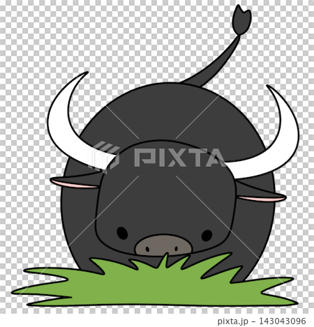 Cute cartoon bull eats green grass Cute cartoon bull eats green grass 143043096