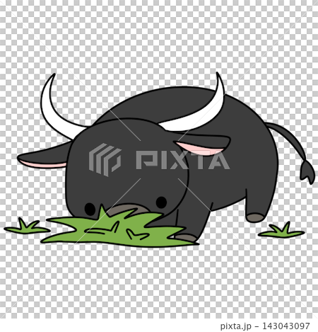 Cartoon bison grazes peacefully on green grass 143043097