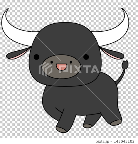 Cute cartoon bull with large curved horns and a happy smile Cute cartoon bull with large curved horns and a happy smile 143043102