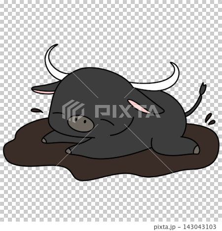 Dark buffalo rests in muddy puddle Dark buffalo rests in muddy puddle 143043103