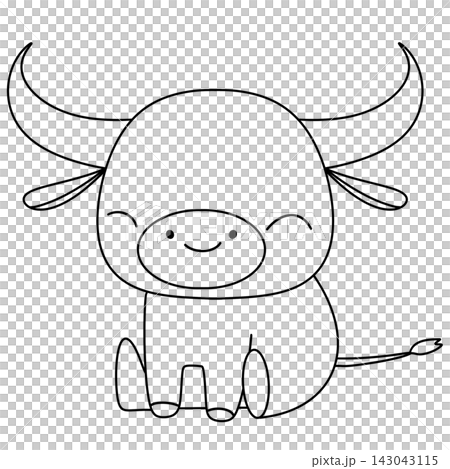 Cute cartoon bull sits calmly with smiling face Cute cartoon bull sits calmly with smiling face 143043115