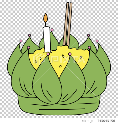 Green lotus cradles lit candle and chopsticks Green lotus cradles lit candle and chopsticks 143043156