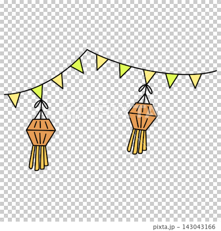 Bright yellow flags dangle from a curved string Bright yellow flags dangle from a curved string 143043166