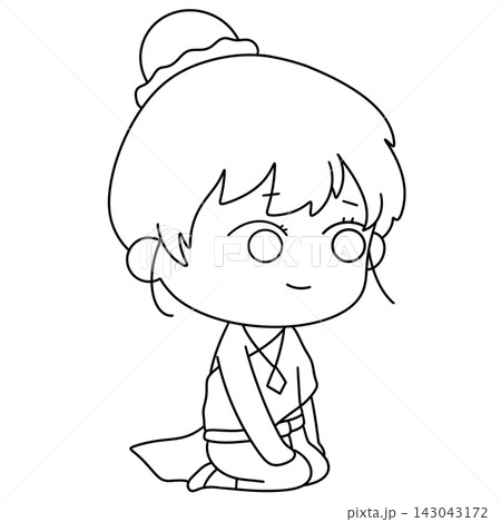 Chibi character sits cross-legged, smiling gently 143043172