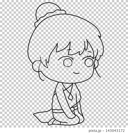 Chibi character sits cross-legged, smiling gently 143043172