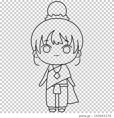 Cute character wears traditional outfit with flowing robe Cute character wears traditional outfit with flowing robe 143043178
