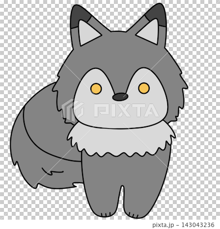 Cute cartoon fox with soft grey fur and bright yellow eyes 143043236