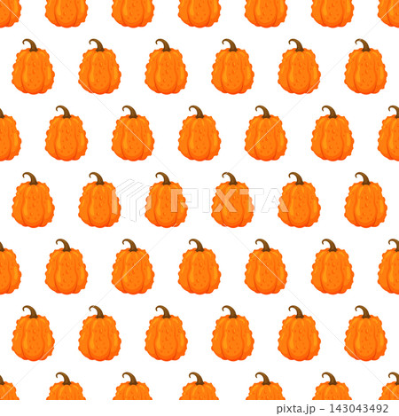 Seamless pattern with farm produce pumpkins, perfect for fall harvest, farmers market, kitchen and Thanksgiving-themed textile and packaging design. Seamless pattern with farm produce pumpkins, perfect for fall harvest, farmers market, kitchen and Thanksgiving-themed textile and packaging design. 143043492