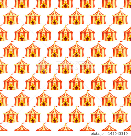 Seamless pattern with comic circus tents, great for party decorations, kids' textiles, wrapping paper and carnival-themed packaging. 143043519