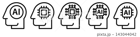 AI symbol set. Human head with artificial intelligence brain symbols. Artificial intelligence concept signs. AI symbol set. Human head with artificial intelligence brain symbols. Artificial intelligence concept signs. 143044042