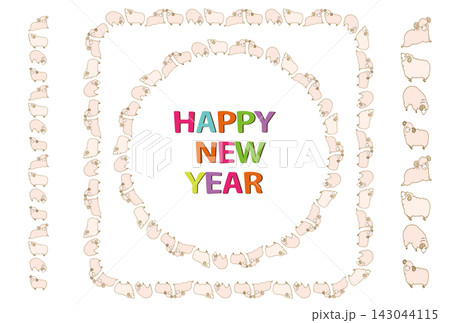 2027年 羊年 年賀状素材 フレームラインとHAPPY NEW YEAR 文字セット 2027年 羊年 年賀状素材 フレームラインとHAPPY NEW YEAR 文字セット 143044115