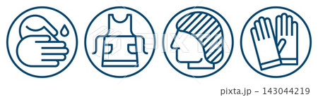 Wash your hands, safety apron and hair net fitting, putting on nitrile gloves must be worn sign. Food industry infographics. Food manufacturing instructions symbols. Wash your hands, safety apron and hair net fitting, putting on nitrile gloves must be worn sign. Food industry infographics. Food manufacturing instructions symbols. 143044219