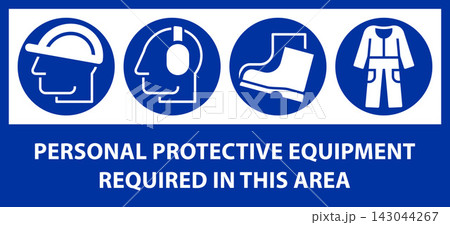 PPE required in this area. Construction safety labels, Protective workwear required icons, Safety work equipment and protective clothing PPE required in this area. Construction safety labels, Protective workwear required icons, Safety work equipment and protective clothing 143044267