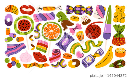 Various sweets set in whimsical shapes. Cartoon illustration of lollipops, gums, caramel, marmalade, candy canes, wrapped candy, chocolate, jelly, fruit bonbon, marshmallow, licorice and confectionery Various sweets set in whimsical shapes. Cartoon illustration of lollipops, gums, caramel, marmalade, candy canes, wrapped candy, chocolate, jelly, fruit bonbon, marshmallow, licorice and confectionery 143044272