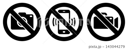 Warning signs - no phone, no camera, no camcorder. Mobile phone, taking photos and video prohibited. 143044279