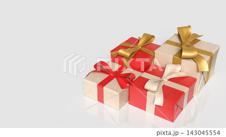 Elegant Red and Cream Gift Boxes with Decorative Ribbon Bows 3d render. Elegant Red and Cream Gift Boxes with Decorative Ribbon Bows 3d render. 143045554