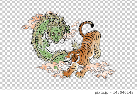 手繪日式龍虎插畫（龍與虎），水墨畫，浮世繪，水彩，龍虎圖案，日式紋樣，新年，新年，材料 143046148