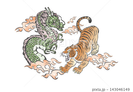龍と虎の(竜虎)の手描き和風イラスト 水墨画 墨絵 浮世絵 水彩 竜虎図 和柄 年賀 正月 素材 龍と虎の(竜虎)の手描き和風イラスト 水墨画 墨絵 浮世絵 水彩 竜虎図 和柄 年賀 正月 素材 143046149