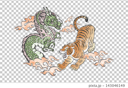 龍と虎の(竜虎)の手描き和風イラスト 水墨画 墨絵 浮世絵 水彩 竜虎図 和柄 年賀 正月 素材 龍と虎の(竜虎)の手描き和風イラスト 水墨画 墨絵 浮世絵 水彩 竜虎図 和柄 年賀 正月 素材 143046149