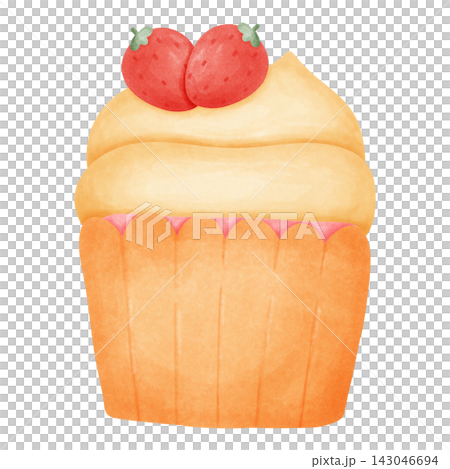 Delicious Vanilla Cupcake with Whipped Cream and Fresh Strawberries Watercolor Illustration 143046694