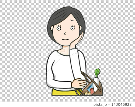 一幅描繪心事重重的家庭主婦(女性)的插圖(圖標)。 一幅描繪心事重重的家庭主婦(女性)的插圖(圖標)。 143046928