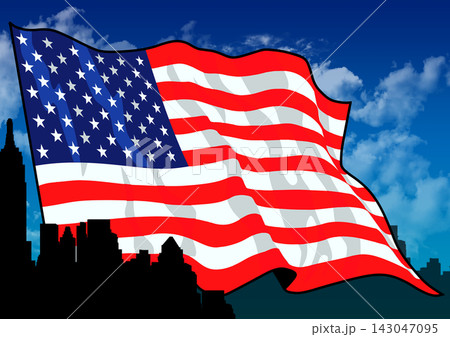 青空と街並みのシルエットをバックにはためくアメリカ国旗 青空と街並みのシルエットをバックにはためくアメリカ国旗 143047095