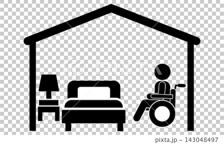 車椅子利用者とベッドのある家のピクトグラム 在宅介護・バリアフリー住宅のシルエットアイコン 車椅子利用者とベッドのある家のピクトグラム 在宅介護・バリアフリー住宅のシルエットアイコン 143048497