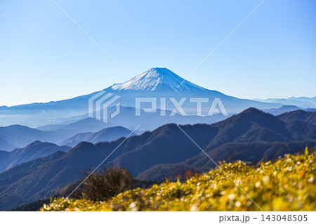 晩秋の丹沢・丹沢山から塔ノ岳への主脈縦走路から見た富士山 晩秋の丹沢・丹沢山から塔ノ岳への主脈縦走路から見た富士山 143048505