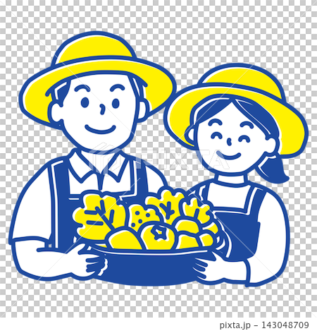収穫した野菜を持つ農家夫婦のシンプルな2色イラスト  別案なら、 143048709