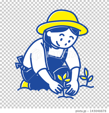 A simple two-color illustration of a female farmer planting seedlings in a field. A simple two-color illustration of a female farmer planting seedlings in a field. 143048878