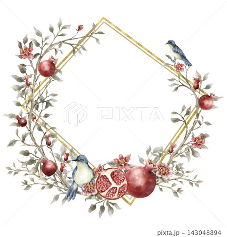 Hand-Painted Watercolor Botanical Pomegranate Frame with Moody Foliage Hand-Painted Watercolor Botanical Pomegranate Frame with Moody Foliage 143048894