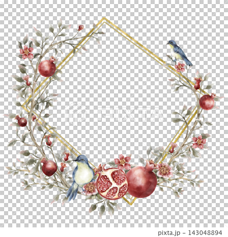Hand-Painted Watercolor Botanical Pomegranate Frame with Moody Foliage Hand-Painted Watercolor Botanical Pomegranate Frame with Moody Foliage 143048894