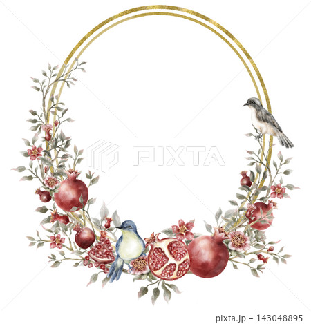 Hand-Painted Watercolor Botanical Pomegranate Frame with Moody Foliage Hand-Painted Watercolor Botanical Pomegranate Frame with Moody Foliage 143048895