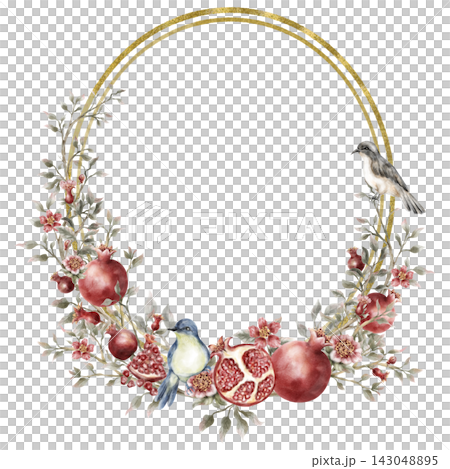 Hand-Painted Watercolor Botanical Pomegranate Frame with Moody Foliage Hand-Painted Watercolor Botanical Pomegranate Frame with Moody Foliage 143048895