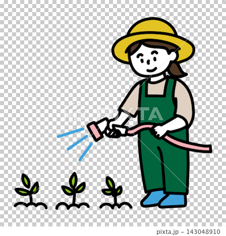 一幅女農婦在田間給幼苗澆水的插圖。 一幅女農婦在田間給幼苗澆水的插圖。 143048910