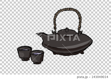 Illustration of a black earthenware pot and sake cup; drinking vessels for enjoying shochu; brush pen style. 143049014