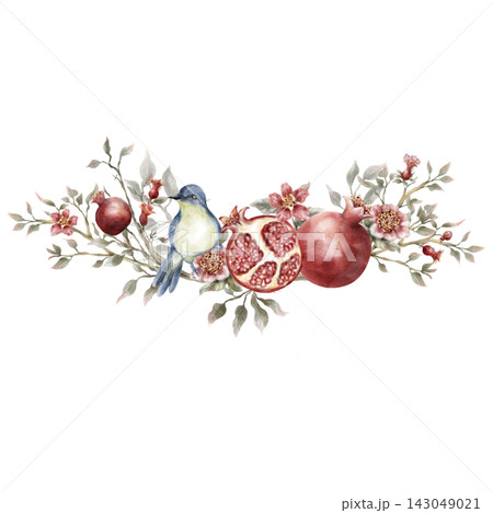 Hand-Painted Watercolor Pomegranate Botanical Border with Moody Foliage Hand-Painted Watercolor Pomegranate Botanical Border with Moody Foliage 143049021