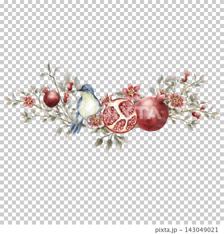 Hand-Painted Watercolor Pomegranate Botanical Border with Moody Foliage Hand-Painted Watercolor Pomegranate Botanical Border with Moody Foliage 143049021