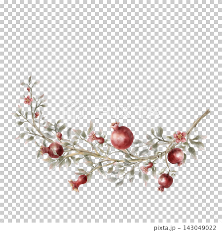 Hand-Painted Watercolor Pomegranate Botanical Border with Moody Foliage 143049022