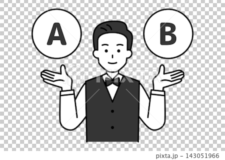 AとBの選択肢を提案するレストランの男性店員 AとBの選択肢を提案するレストランの男性店員 143051966