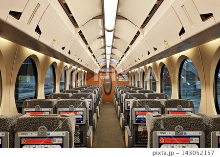 Interior view of the futuristic passenger cabin of Nankai Limited Express Rapi:t train in Japan. Interior view of the futuristic passenger cabin of Nankai Limited Express Rapi:t train in Japan. 143052157