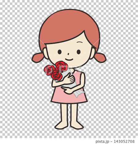一幅女孩手捧玫瑰的插圖。 143052708