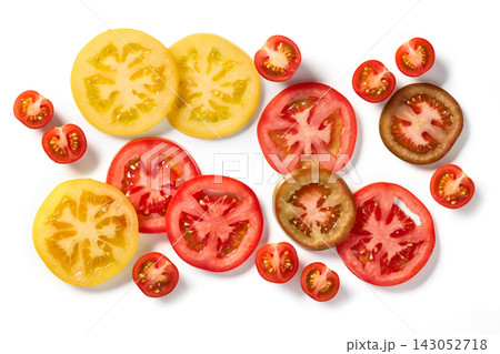 Colorful Fresh Tomato Slices Assortment, Top View Isolated on White 143052718