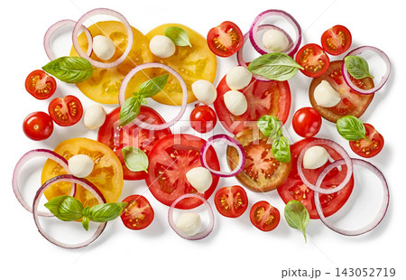 Colorful Fresh Tomatoes with Mozzarella, Onion and Basil, Top View 143052719