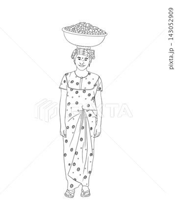 Indian girl carrying heavy bowl of stones on her head. Graphic vector line art hand drawn illustration about daily life and child labor in India. For educational book and packaging design Indian girl carrying heavy bowl of stones on her head. Graphic vector line art hand drawn illustration about daily life and child labor in India. For educational book and packaging design 143052909