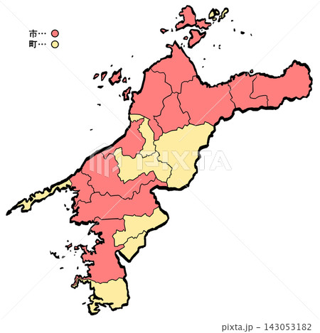 愛媛県地図 市町村カラー (筆タッチ) 和風 愛媛県地図 市町村カラー (筆タッチ) 和風 143053182