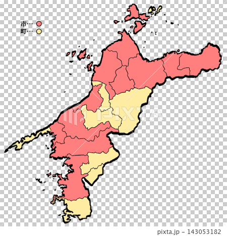 Ehime Prefecture Map: City/Town Color (Brushstroke Style) - Japanese Style 143053182