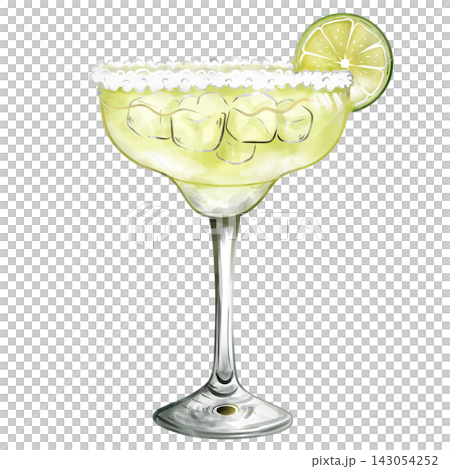 Digital watercolor Margarita cocktail with lime slice isolated on transparent background. 143054252